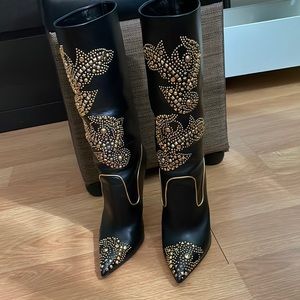 Black and gold Versace high heel boots